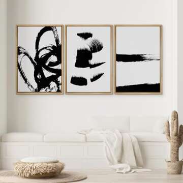 SIGNWIN Framed Wall Art Print Set Grunge Style Black & White Paint Strokes Abstract Shapes Illustrat...
