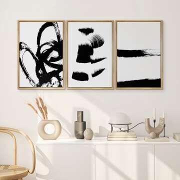 SIGNWIN Framed Wall Art Print Set Grunge Style Black & White Paint Strokes Abstract Shapes Illustrations Modern Art Bohemian Group Dramatic Grey for Living Room, Bedroom, Office - 16"x24"x3 Natural