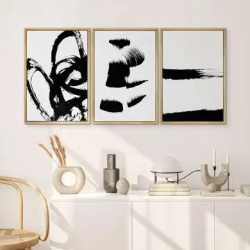 SIGNWIN Framed Wall Art Print Set Grunge Style Black & White Paint Strokes Abstract Shapes Illustrations Modern Art Bohemian Group Dramatic Grey for Living Room, Bedroom, Office - 16"x24"x3 Natural