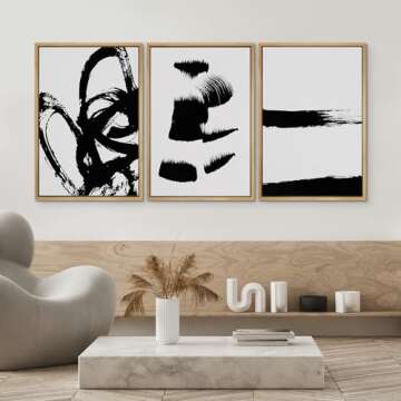 SIGNWIN Framed Wall Art Print Set Grunge Style Black & White Paint Strokes Abstract Shapes Illustrations Modern Art Bohemian Group Dramatic Grey for Living Room, Bedroom, Office - 16"x24"x3 Natural