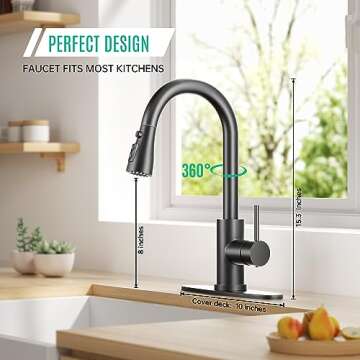 BASDEHEN Single Handle High Arc Matte Black Pull Out Kitchen Faucet, Single Level Stainless Steel Ki...