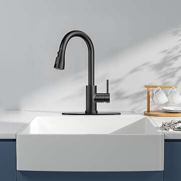 BASDEHEN Single Handle High Arc Matte Black Pull Out Kitchen Faucet, Single Level Stainless Steel Kitchen Sink Faucet with Pull Down Sprayer and 10 Inch Deck (Matte Black)