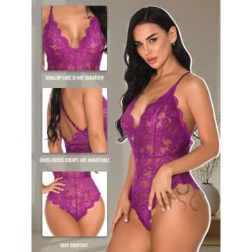 Buitifo Women Lace Bodysuit One Piece Babydoll Backless Mini Teddy V Neck Lingerie