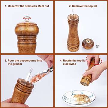 Gulex® Wood Pepper Grinder Pepper Mill,Adjustable Coarseness 8 Inch Wooden Peppermill, Retro Style Ceramic Grinding Mechanism Refillable (1 Pack)