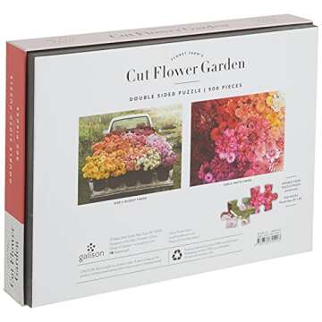 Galison Floret Farm's Cut Flower Garden 500 Piece Double Sided Jigsaw Puzzle, Fun and Challenging Puzzle with Close Up of Colorful Flowers on One Side and Vintage Truck Filled with Flowers on Other