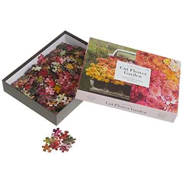Galison Floret Farm's Cut Flower Garden 500 Piece Double Sided Jigsaw Puzzle, Fun and Challenging Puzzle with Close Up of Colorful Flowers on One Side and Vintage Truck Filled with Flowers on Other