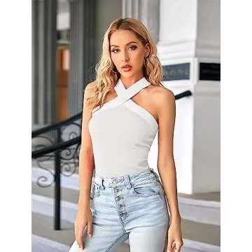 Bodosalia Women Criss Cross Halter Tank Top Solid Ribbed Sleeveless Shirts Summer Casual Basic Cami White