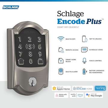 Schlage BE499WB CAM 619 Encode Plus WiFi Deadbolt Smart Lock, Keyless Entry Touchscreen Door Lock with Camelot Trim, Satin Nickel
