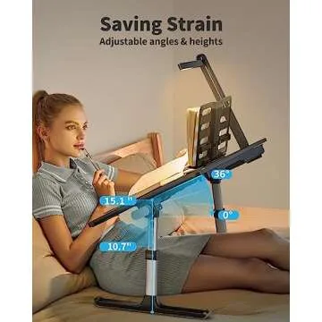 Laptop Bed Tray Desk with LED Desk Light, SAIJI Adjustable Laptop Stand for Bed, XX-Large PVC Leather Foldable Laptop Table with Book Stand,Wrist Rest, Extra Leg Room(Black)