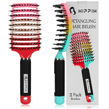 Boar Bristle Hair Brush 2 Pack, HIPPIH Wet & Dry No Pull Curved Vented Brush for All Hair Types