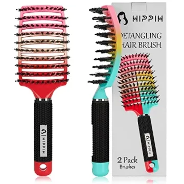 Boar Bristle Hair Brush 2 Pack, HIPPIH Wet & Dry No Pull Curved Vented Brush for All Hair Types