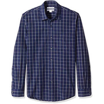 Shop Amazon Essentials Men's Slim-Fit Long-Sleeve Navy Windowpane Shirt - Large Size