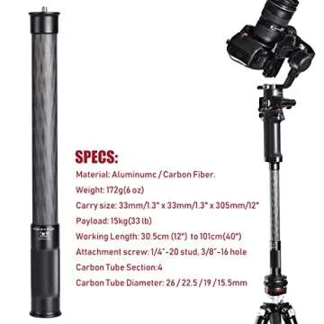 Carbon Fiber Extension Pole,Fast Twisting Lock 4 Section Tube,1/4" Screw Mount Compatible with Camera Phone Gimbal Stablizer Gopro DJI Osmo,Lightweight Digital Camera Selfie Stick