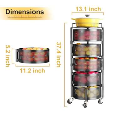 Fruit and Vegetable Basket Bowls for Kitchen with Metal Top Lid, SNTD 5 Tier Rotating Storage Rack Cart for Potato Onion Bread Banana, Wire Basket Organizer on Wheels, Large, Black