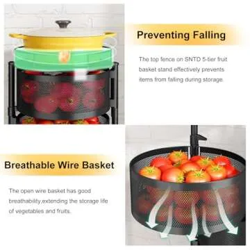 Fruit and Vegetable Basket Bowls for Kitchen with Metal Top Lid, SNTD 5 Tier Rotating Storage Rack Cart for Potato Onion Bread Banana, Wire Basket Organizer on Wheels, Large, Black