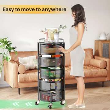 Fruit and Vegetable Basket Bowls for Kitchen with Metal Top Lid, SNTD 5 Tier Rotating Storage Rack Cart for Potato Onion Bread Banana, Wire Basket Organizer on Wheels, Large, Black