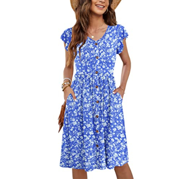 WNEEDU Women Summer Dresses Sleeveless Casual Loose Swing Button Down Midi Dress with Pockets (Blue ...