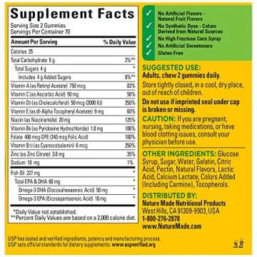 Nature Made Multivitamin + Omega-3, Dietary Supplement for Daily Nutritional Support, 140 Gummy Vitamins and Minerals, 70 Day Supply (Pack of 1)