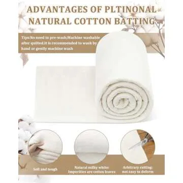 PLANTIONAL Natural Cotton Batting for Quilts: 47-Inch x 59-Inch Light Weight Purely Natural All Season Quilt Batting for Quilts, Craft and Wearable Arts