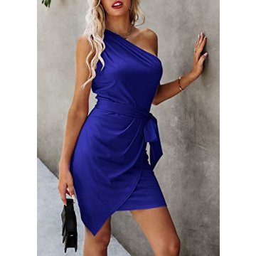 PRETTYGARDEN Women's Fashion One Shoulder Ruched Bodycon Fitted Cocktail Party Mini Dress (Royal Blue,Small)
