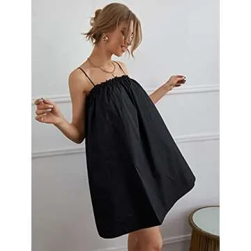 OYOANGLE Women's Spaghetti Straps Sleeveless Loose Ruffle A Line Cami Short Dress with Pocket Black XS