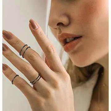 FOCALOOK Black Ring Set 1 mm Thin Mid Finger Rings 7 Pcs Black Knuckle Plain Band Rings for Women Th...