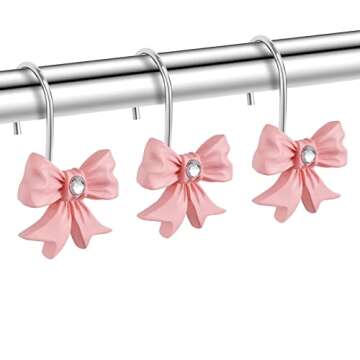 EleCharm Decorative Shower Curtain Hooks, 12PCS Pink Bow Knot Shower Hooks for Bathroom Curtain Rings Rust Resistant Resin Curtain Hooks