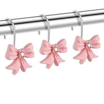 EleCharm Decorative Shower Curtain Hooks, 12PCS Pink Bow Knot Shower Hooks for Bathroom Curtain Rings Rust Resistant Resin Curtain Hooks