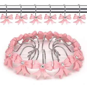 EleCharm Decorative Shower Curtain Hooks, 12PCS Pink Bow Knot Shower Hooks for Bathroom Curtain Rings Rust Resistant Resin Curtain Hooks