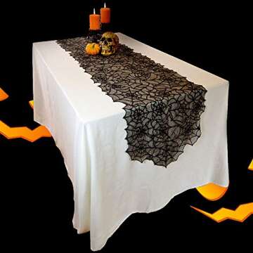 ULeRear 38 Pieces Halloween Decoration Set 20 by 80 Inch Lace Table Runner Spider Web, 18 by 96 Inch Fireplace Mantel Scarf, 36 Pieces 3D Bats Wall Sticker Decal for Parties,Halloween,Christmas,Black