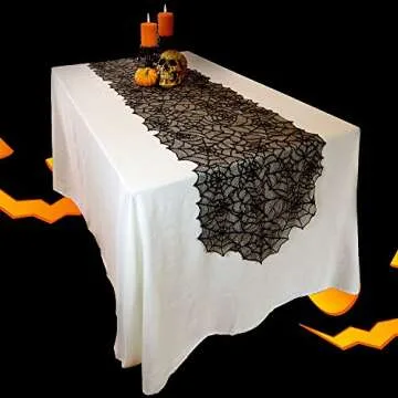 ULeRear 38 Pieces Halloween Decoration Set 20 by 80 Inch Lace Table Runner Spider Web, 18 by 96 Inch Fireplace Mantel Scarf, 36 Pieces 3D Bats Wall Sticker Decal for Parties,Halloween,Christmas,Black