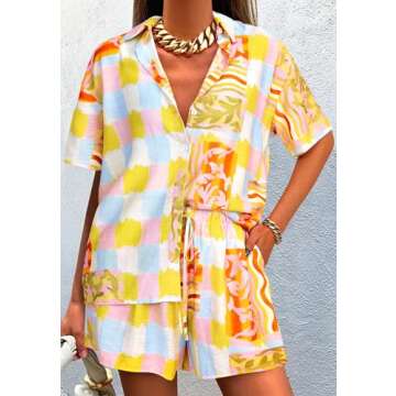PRETTYGARDEN Women Summer 2 Piece Beach Outfits Printed Short Sleeve Tops Lounge Shorts Casual Tracksuit Set (Multi Print,Small)