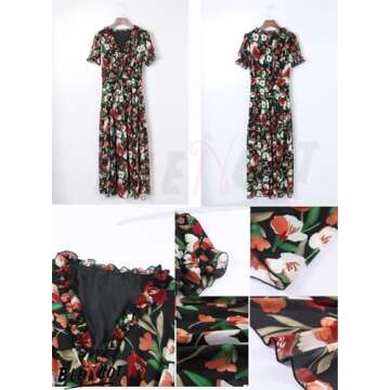 BLENCOT Women's Casual Boho Floral Printed Deep V Neck Loose Short Sleeve Long Evening Dress Ruched Cocktail Party Maxi Wedding Dress Black Large