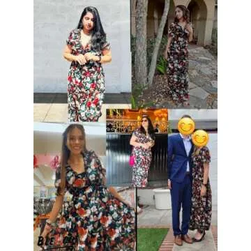 BLENCOT Women's Casual Boho Floral Printed Deep V Neck Loose Short Sleeve Long Evening Dress Ruched Cocktail Party Maxi Wedding Dress Black Large