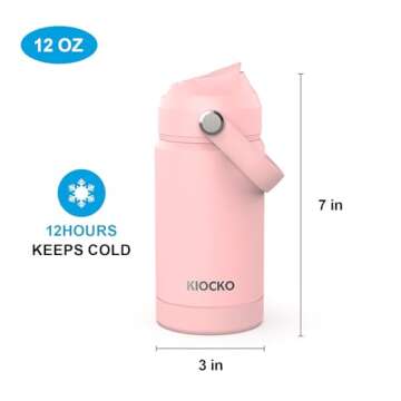 Kiocko Kids Insulated Water Bottle with Straw - 12oz Leak Proof, Pink