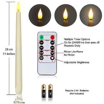 Homemory 12 Pcs Flameless Taper Candles with Remote Timer Dimmer, 11 inches Ivory Taper Candles Batt...