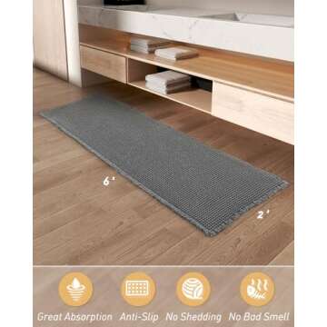 Upgraded Waffle Runner Rug Super Absorbent Non Slip Bath Mats for Bathroom Floor Machine Washable Bathroom Runner Rug with Tassels, Ideal for Hallway Bedroom Laundry Room, Dark Grey, 2'x 6'(24" x 72")
