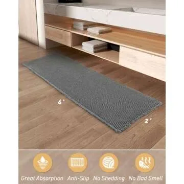 Upgraded Waffle Runner Rug Super Absorbent Non Slip Bath Mats for Bathroom Floor Machine Washable Bathroom Runner Rug with Tassels, Ideal for Hallway Bedroom Laundry Room, Dark Grey, 2'x 6'(24" x 72")
