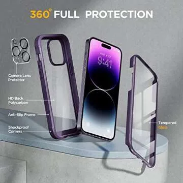 Miracase Glass Series for iPhone 14 Pro Max Case 6.7 Inch, Full-Body Clear Bumper Case with Built-in 9H Tempered Glass Screen Protector, with Camera Lens Protector (Noble Purple)