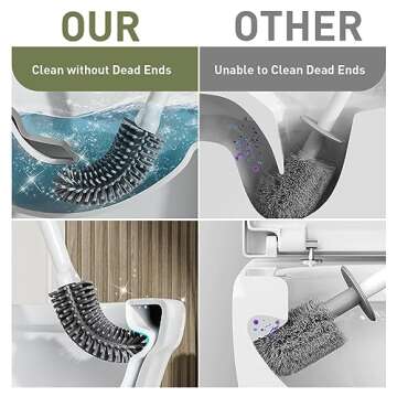 ASOBEAGE Deep Cleaner Toilet Brush: Silicone Toilet Brush with No-Slip Long Plastic Handle and Flexible Bristles, Quick Drying Holder Set for Toilet（White）