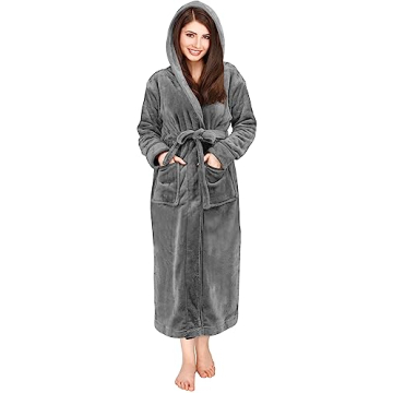 Luxury Women's Fleece Hooded Bathrobe - Plush Spa Robe in Steel Grey