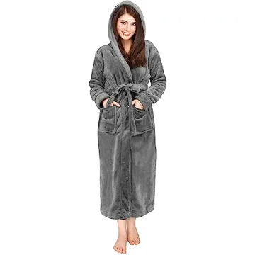 Luxury Women's Fleece Hooded Bathrobe - Plush Spa Robe in Steel Grey