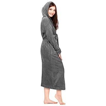 Women's Plush Fleece Hooded Spa Bathrobe - Steel Grey
