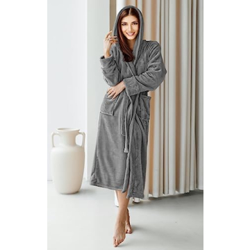 Women's Plush Fleece Hooded Spa Bathrobe - Steel Grey