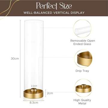 KANDL Glass Hurricane Candle Holder 2 Pcs Set with Tall Glass Taper Cylinder Vase Cover for Candlesticks Gold Metal Candle Stand Decorate Home Decor Table Wedding Centerpiece