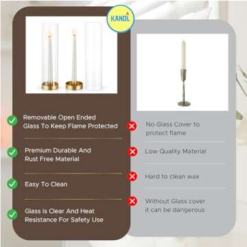 KANDL Glass Hurricane Candle Holder 2 Pcs Set with Tall Glass Taper Cylinder Vase Cover for Candlesticks Gold Metal Candle Stand Decorate Home Decor Table Wedding Centerpiece