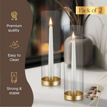 KANDL Glass Hurricane Candle Holder 2 Pcs Set with Tall Glass Taper Cylinder Vase Cover for Candlesticks Gold Metal Candle Stand Decorate Home Decor Table Wedding Centerpiece