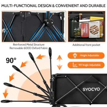 SYOCYO Collapsible Folding Wagon Cart, Heavy Duty Wagon Foldable with 330lbs Weight Capacity, Utility Garden Cart, Beach Wagon with All-Terrain Wheels for Camping, Sports, Shopping, Black, Large