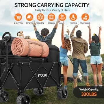 SYOCYO Collapsible Folding Wagon Cart, Heavy Duty Wagon Foldable with 330lbs Weight Capacity, Utility Garden Cart, Beach Wagon with All-Terrain Wheels for Camping, Sports, Shopping, Black, Large