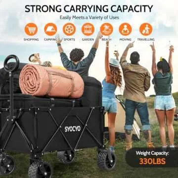 SYOCYO Collapsible Folding Wagon Cart, Heavy Duty Wagon Foldable with 330lbs Weight Capacity, Utility Garden Cart, Beach Wagon with All-Terrain Wheels for Camping, Sports, Shopping, Black, Large
